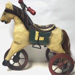 Vintage Hand-Carved Wooden Horse Tricycle Figurine 14in Decor